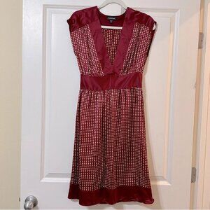 Bebe Burgundy and White Silk Midi V-Neck Polkadot Dress
